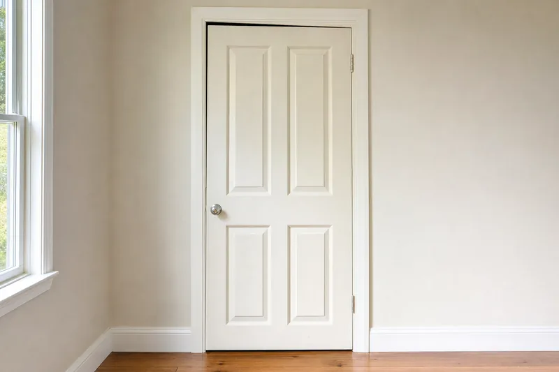A closed white panelled door in its frame with a dark tapering gap along the top edge, widest at the knob-side corner — house levelling, Gold Coast. Illustrative example.