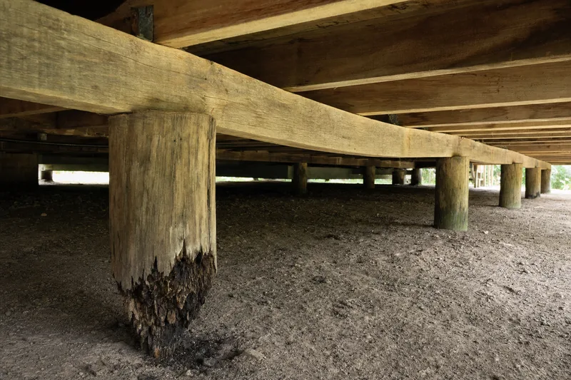 The underside of a timber floor with a round timber stump whose base is dark and crumbling, the bearer above it bowed between stumps — restumping, Gold Coast. Illustrative example.