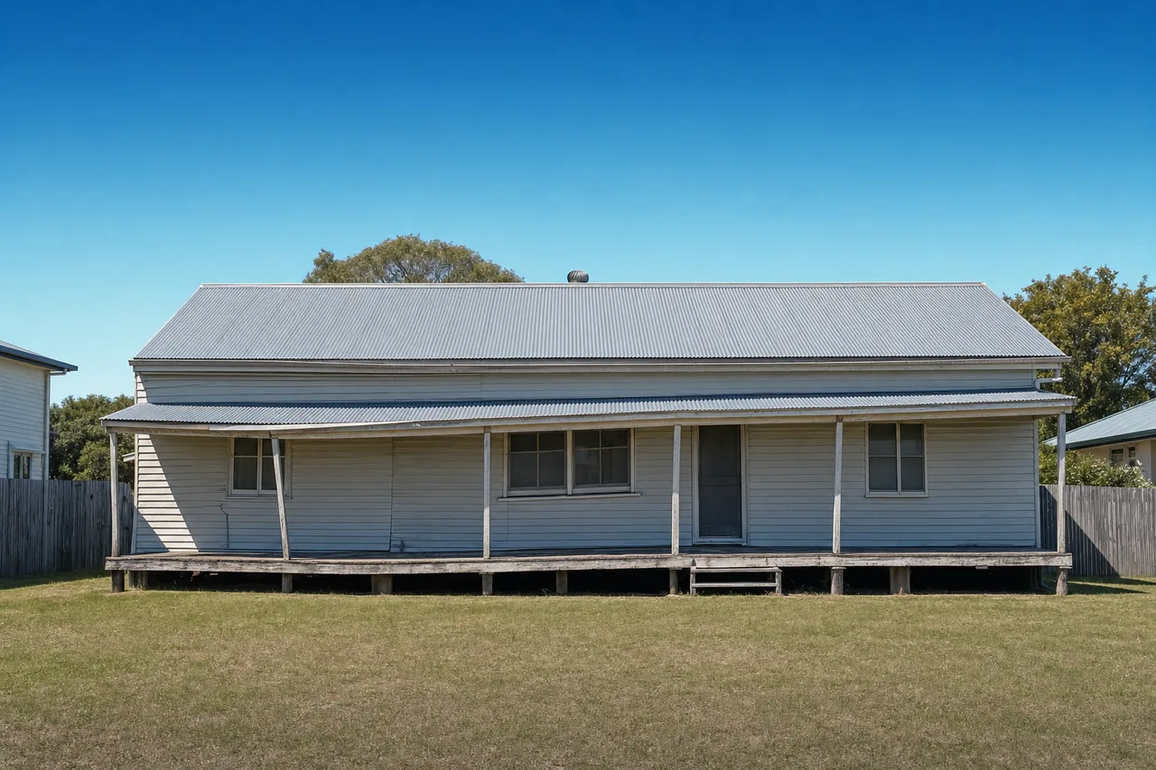 A single-storey timber-clad house on short timber stumps, the roof edge over its verandah dipping toward one end and a verandah post leaning — restumping, Gold Coast. Illustrative example.