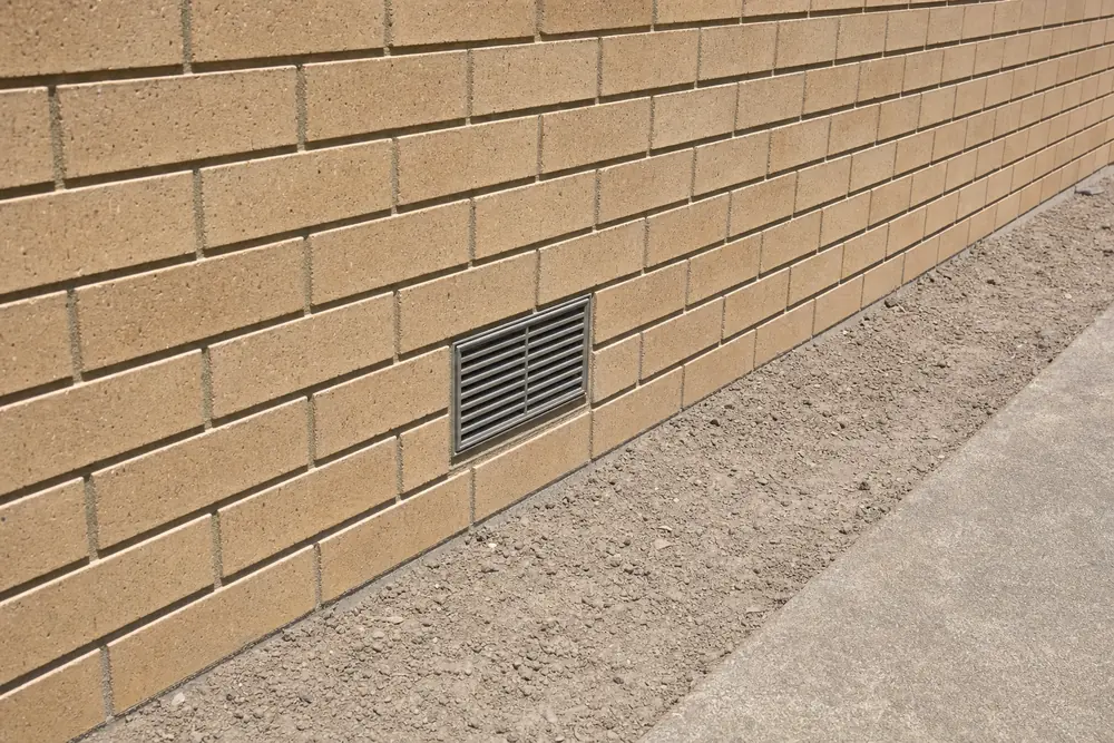 The base of a face-brick wall with a grey vent grille, a strip of bare soil and a concrete path beside it — house raising, Gold Coast. Illustrative example.