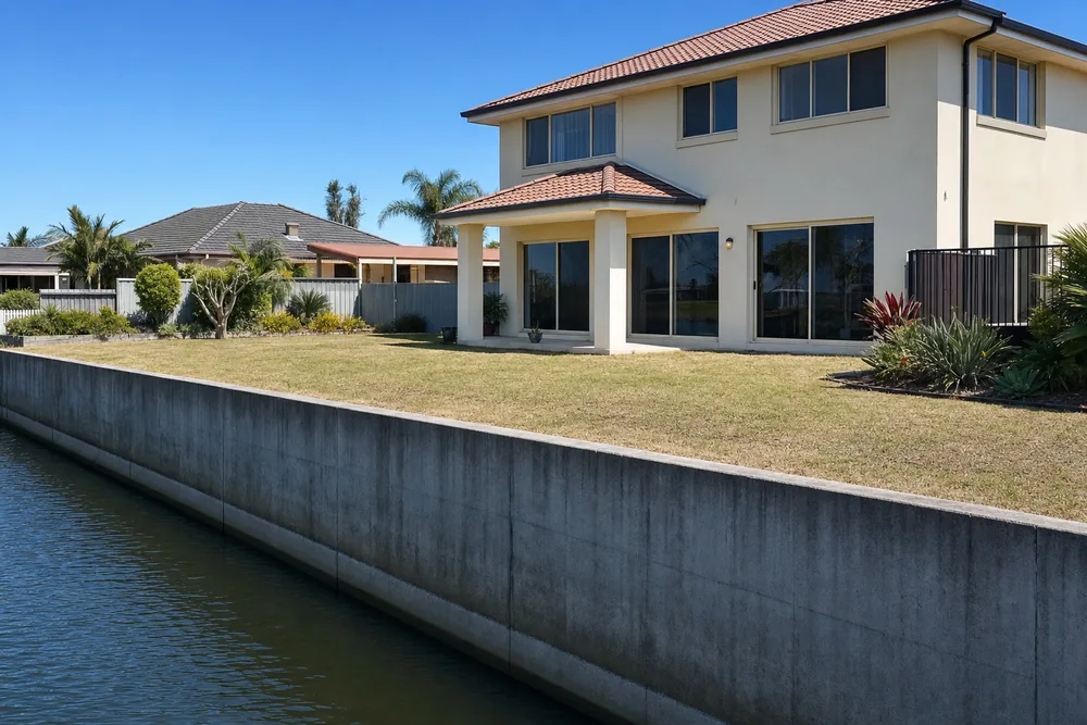A tall concrete canal wall along the edge of a lawn, dark water below it and a two-storey rendered house behind — house raising, Gold Coast. Illustrative example.