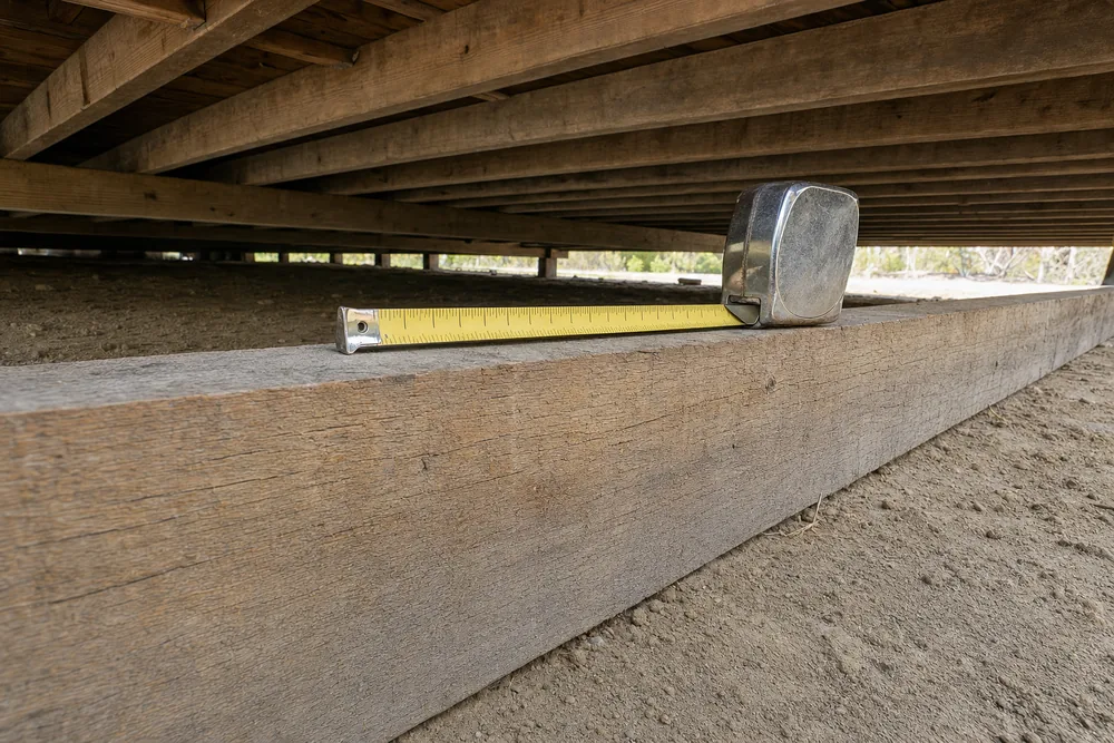 A steel tape measure resting on a timber bearer under a floor, the blade marked with unlabelled ticks — restumping, Gold Coast. Illustrative example.