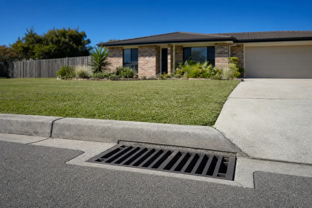 A steel stormwater grate set in a concrete kerb beside a driveway, with a lawn and the front of a brick house behind — house raising, Gold Coast. Illustrative example.