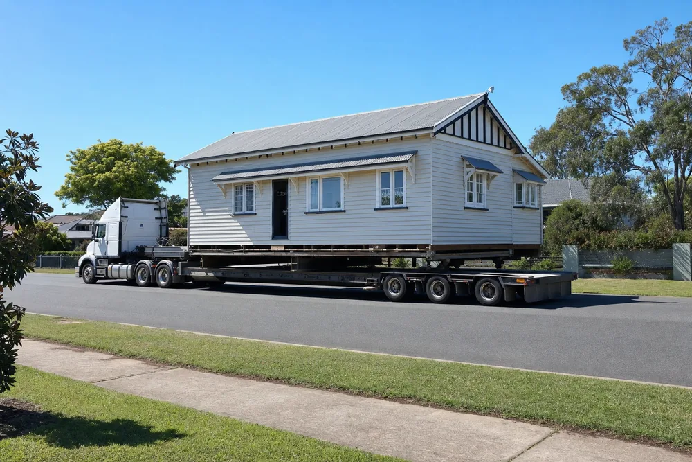 A whole timber-clad house with a steel roof carried on the flat trailer of a truck along a suburban street — house sliding, Gold Coast. Illustrative example.